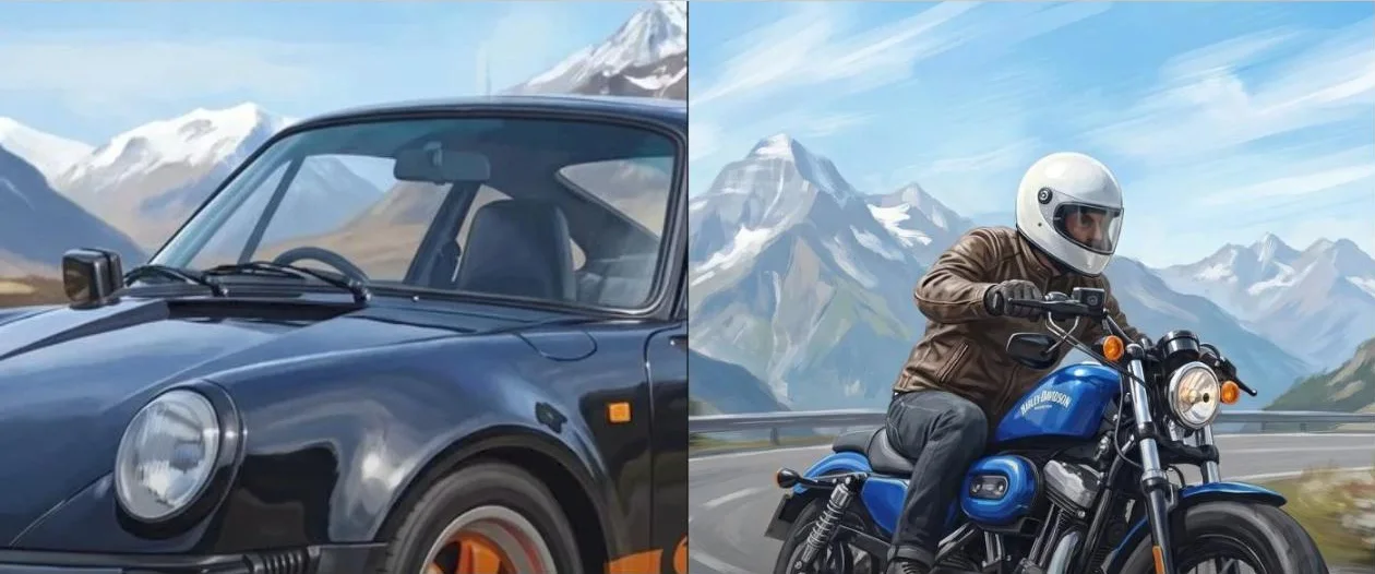 Rolling Render artwork of a classic Porsche and a Harley-Davidson rider in front of mountains