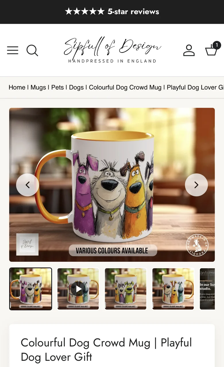 Sipfull of Design product page on a phone, with a swipeable image gallery and thumbnails